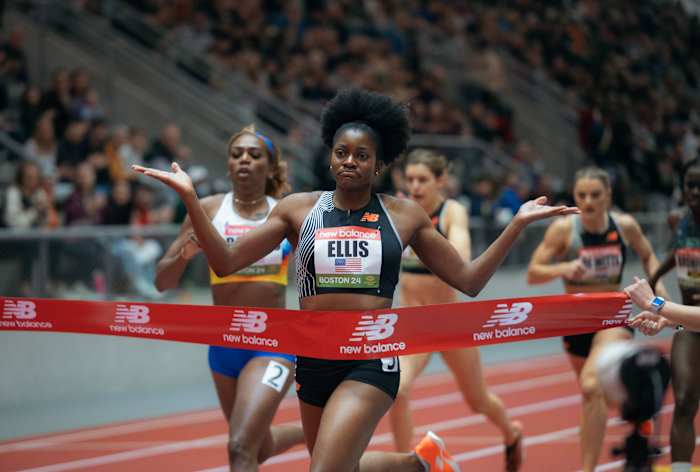 Kendall Ellis crosses the finish line at the 2024 New Balance Indoor Grand Prix.